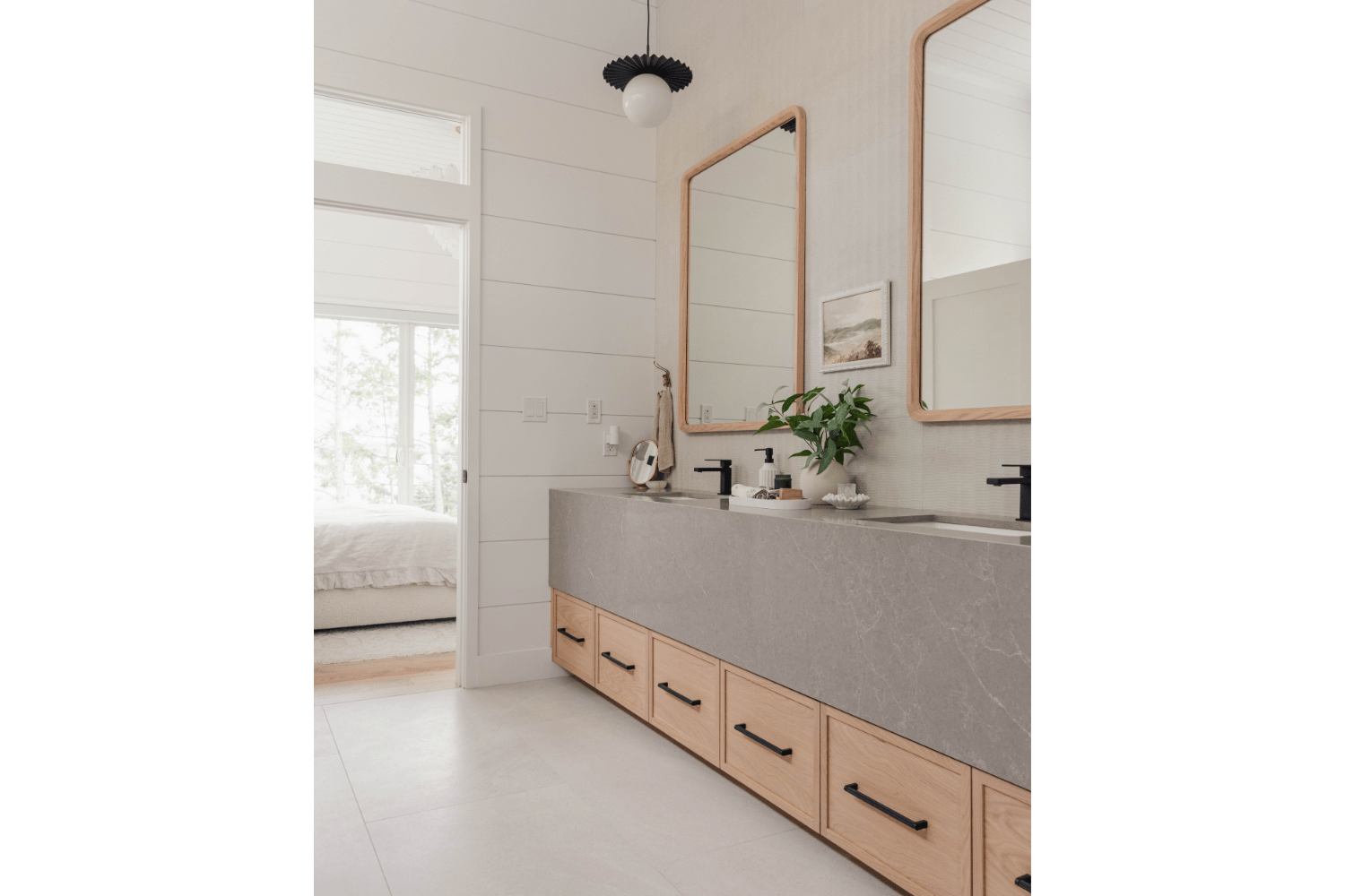 Contemporary bathroom vanity design with thick grey countertop