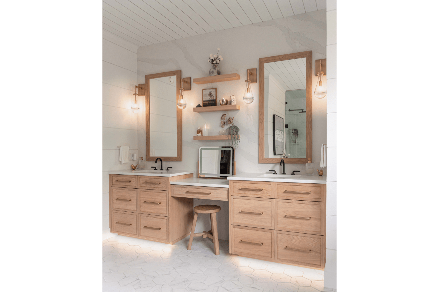 White oak double sink bathroom vanity with makeup vanity