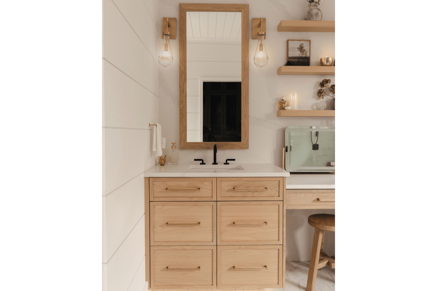 Modern bathroom vanity crafted from white oak with narrow shaker