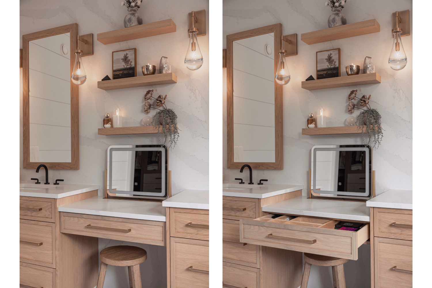 Makeup vanity integrated into bathroom vanity