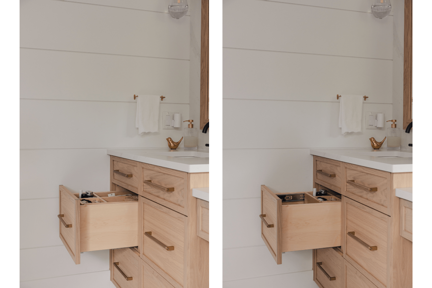 Custom bathroom vanity drawer with two-tier storage