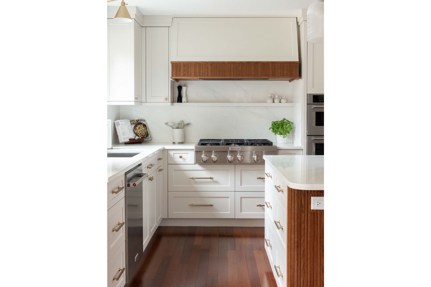 Custom range hood with slatted red oak valance accent