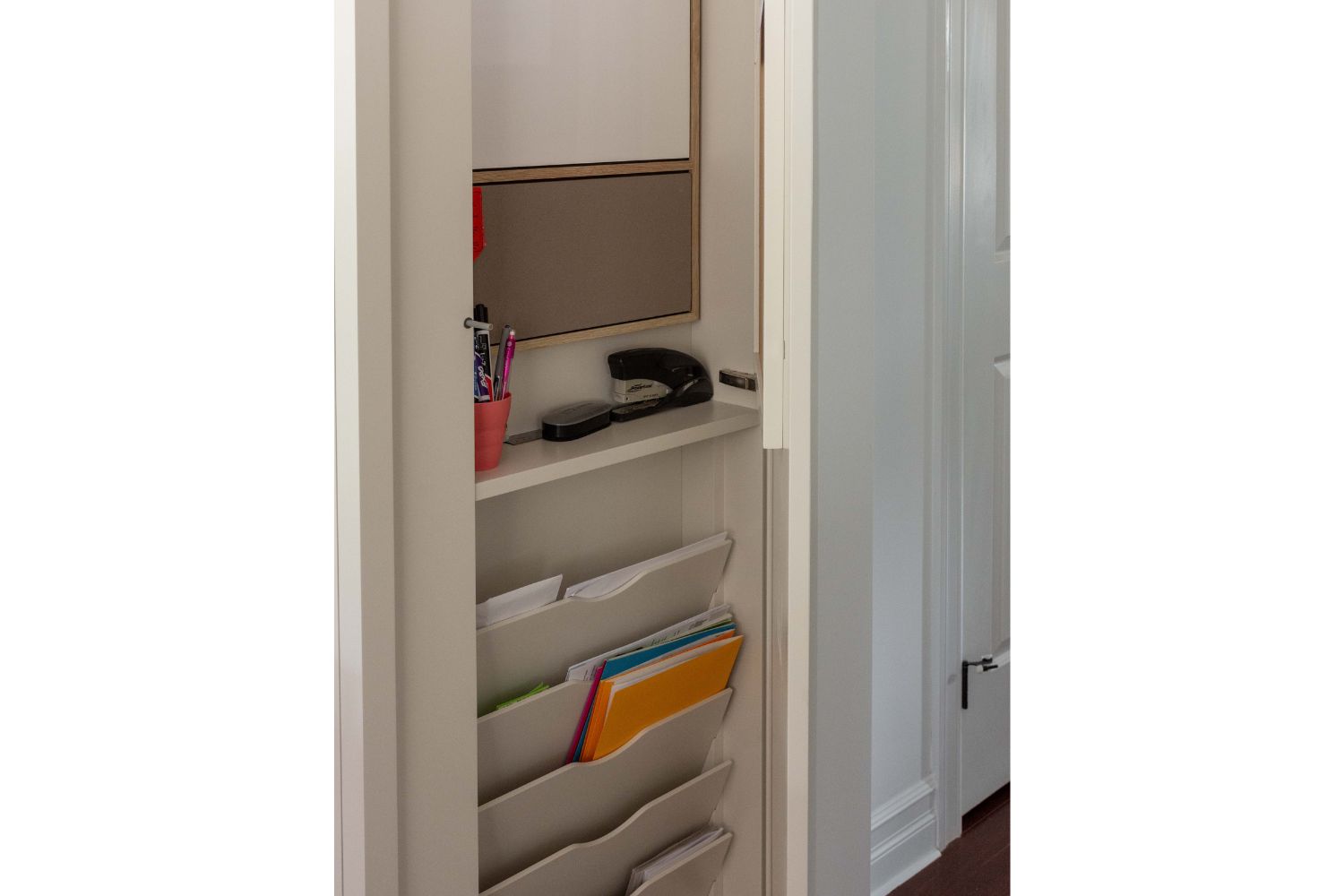 Custom hidden kitchen file and desk item storage