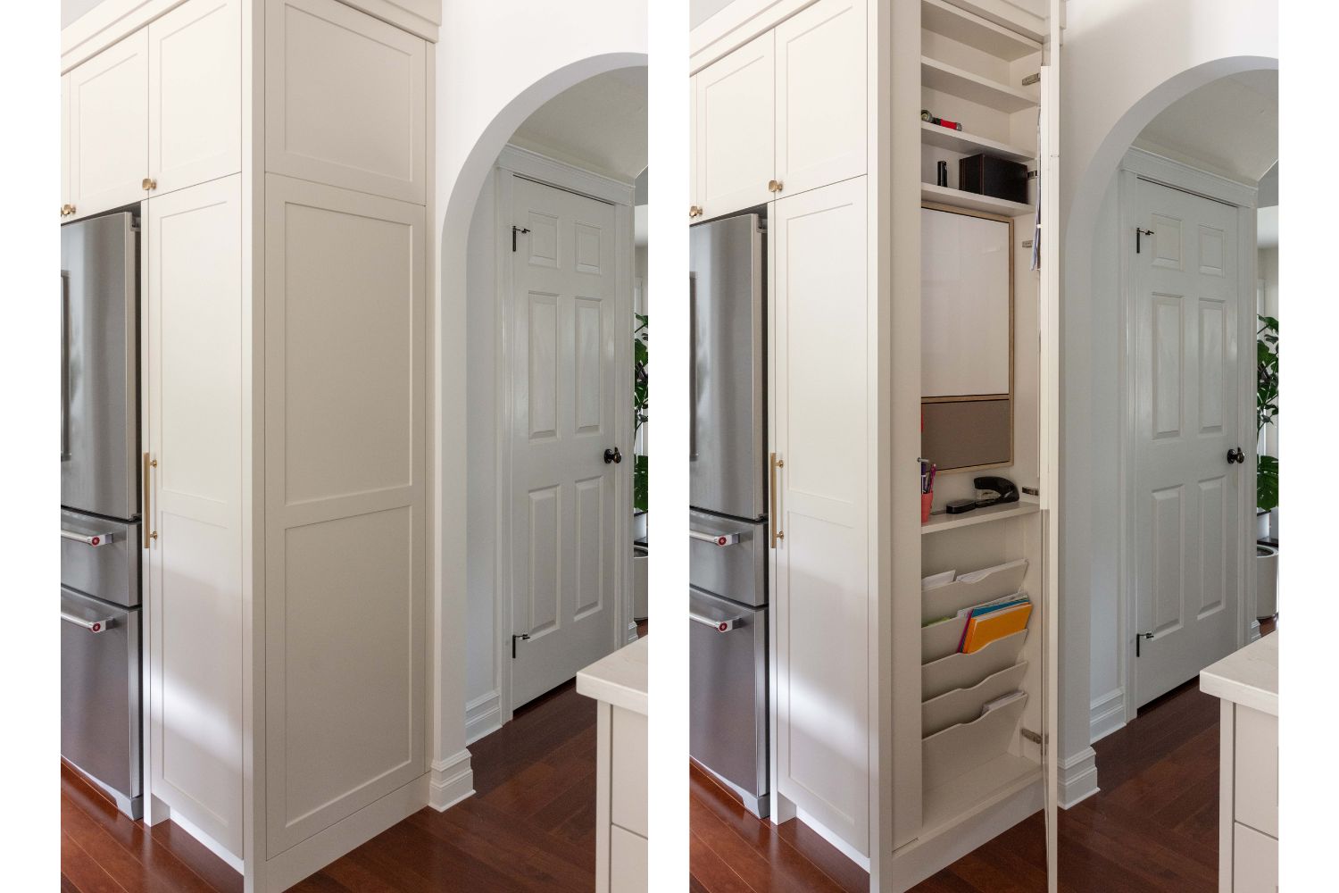 Hidden storage for desk items in kitchen end panel