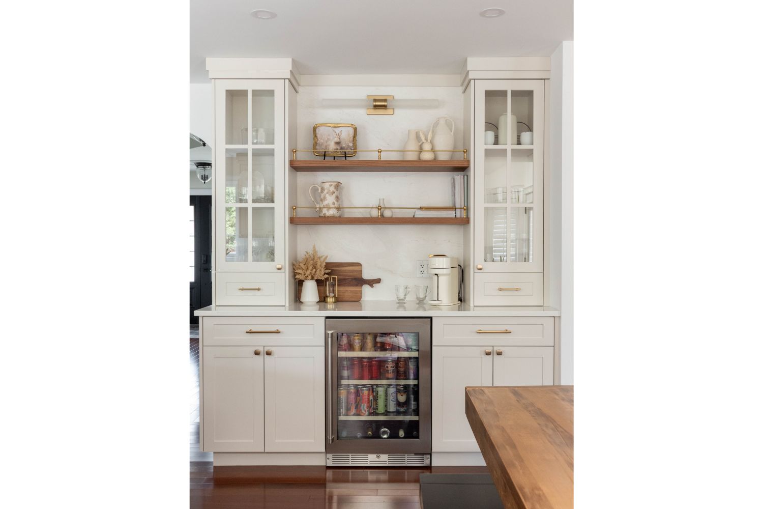 Custom coffee bar with glass door hutches
