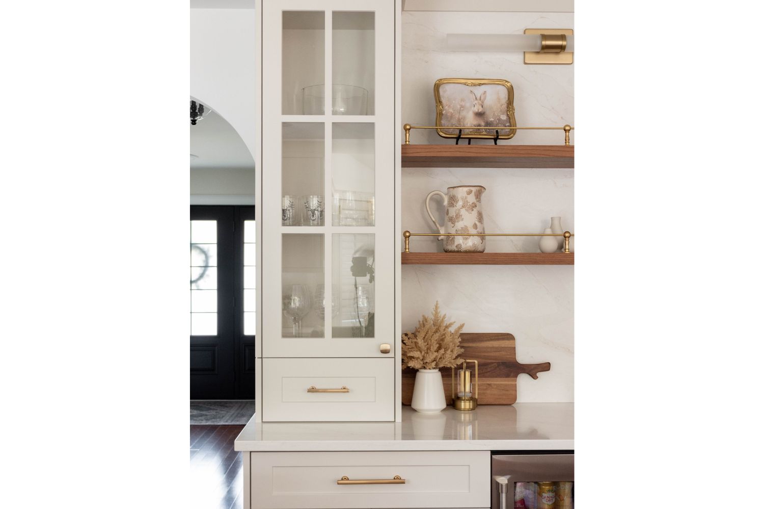 glass door countertop hutch on coffee bar design