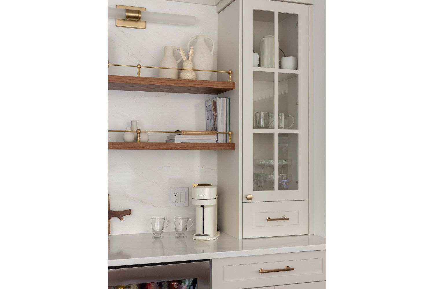 Coffee bar with red oak open shelving and brass rails