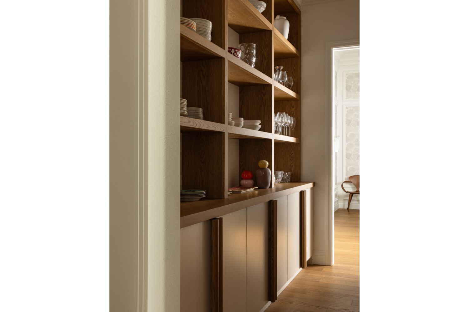 Dining room servery with white oak open shelving