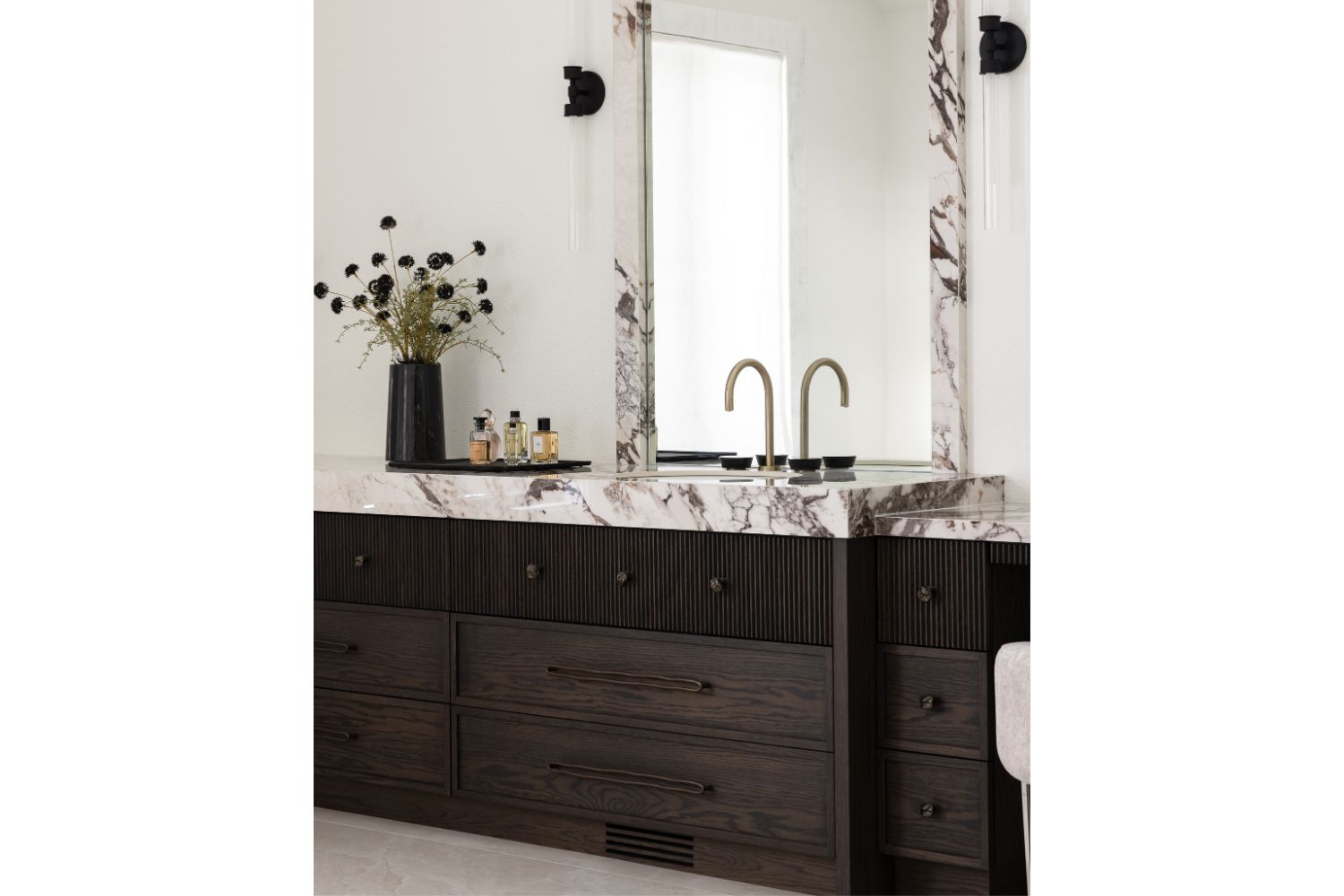 Contemporary bathroom vanity with reeded drawers