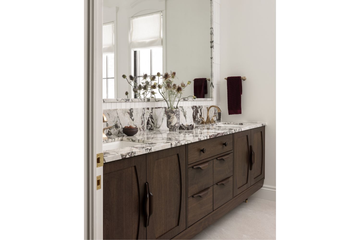 Contemporary walnut double sink bathroom vanity with marble