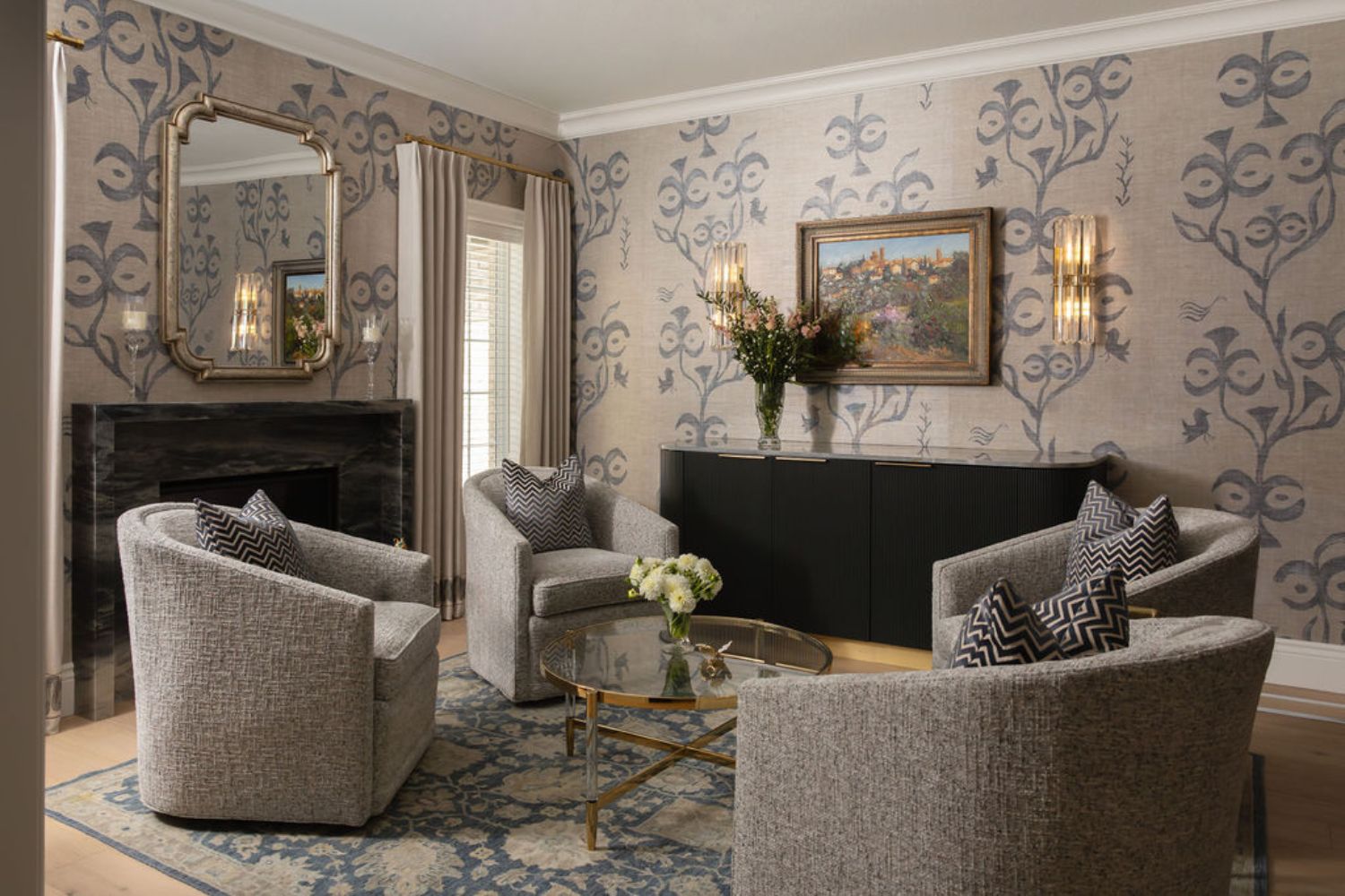 Traditional living room design with custom sideboard