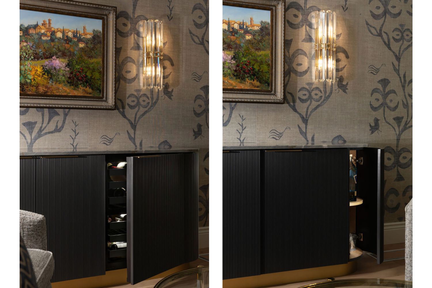 Custom living room sideboard with built-in wine fridge