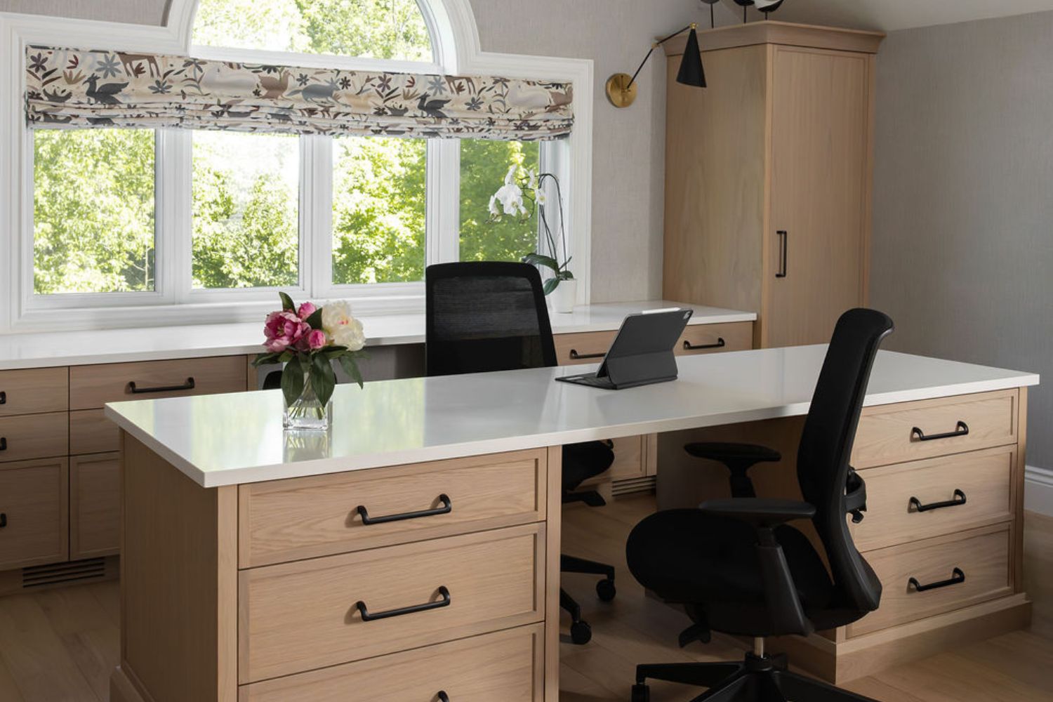 Custom home office renovation with white oak cabinetry