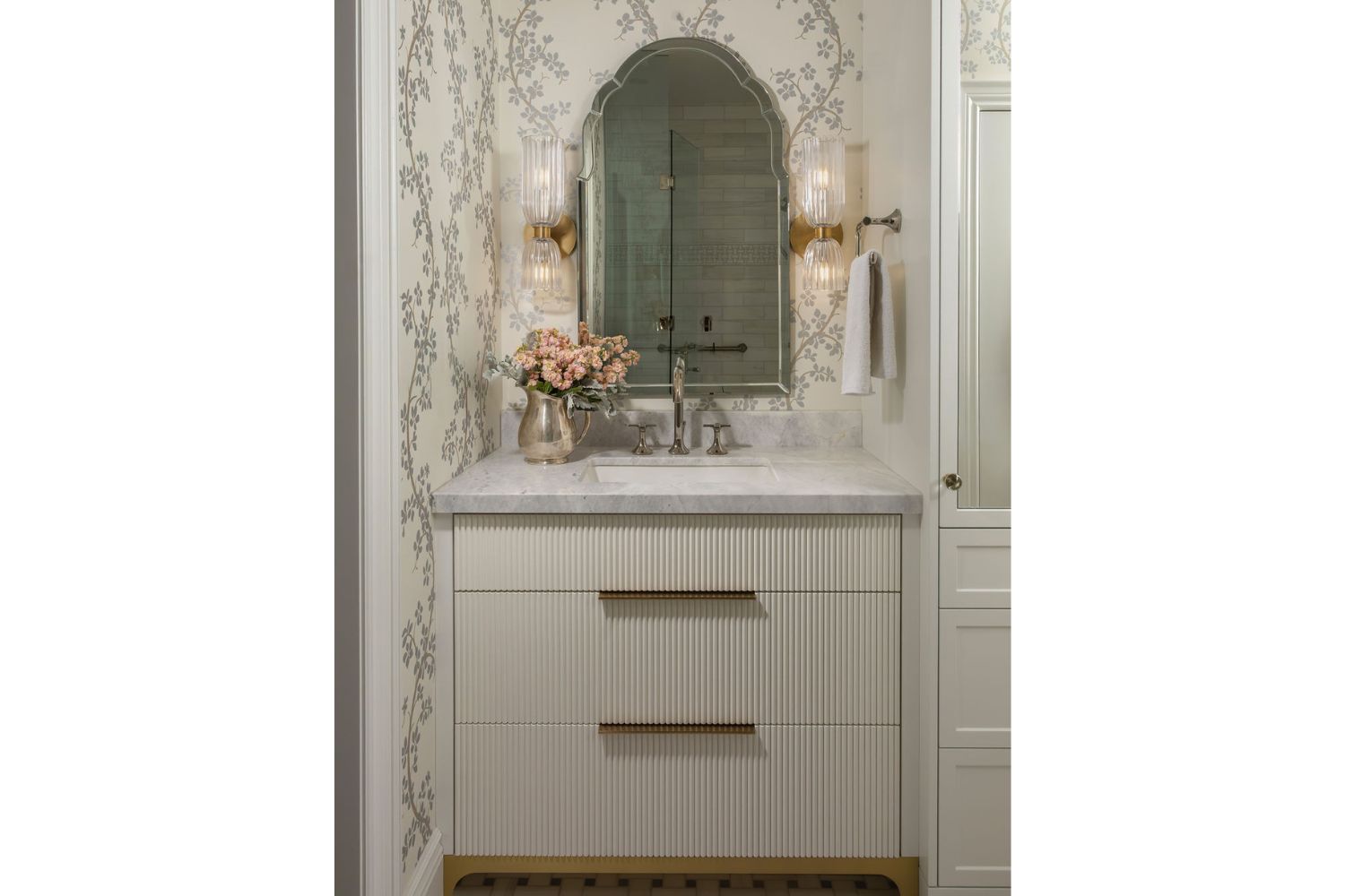 Contemporary reeded bathroom vanity drawers in timeless bathroom