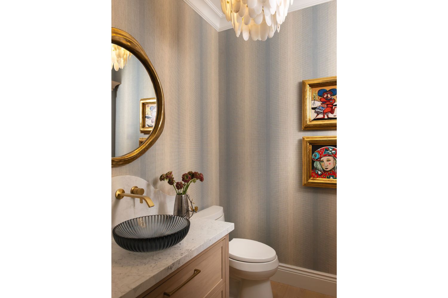 White oak powder room bathroom vanity with blue vessel sink