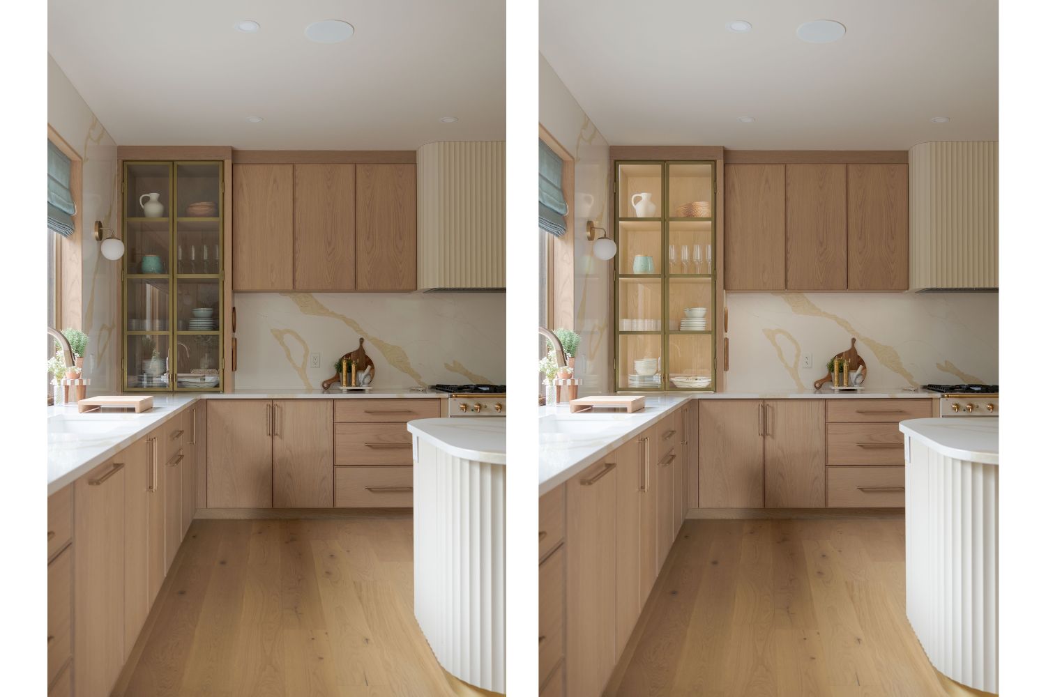 Countertop hutch lighting on metal framed glass door cabinet