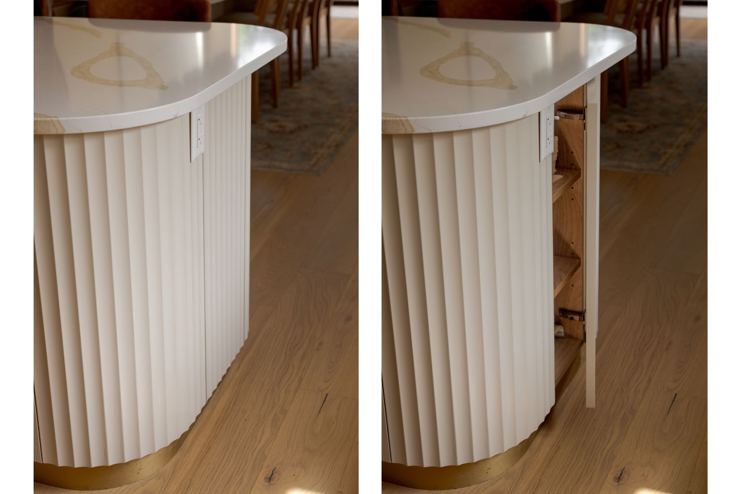 Hidden kitchen island storage in fluted end panel