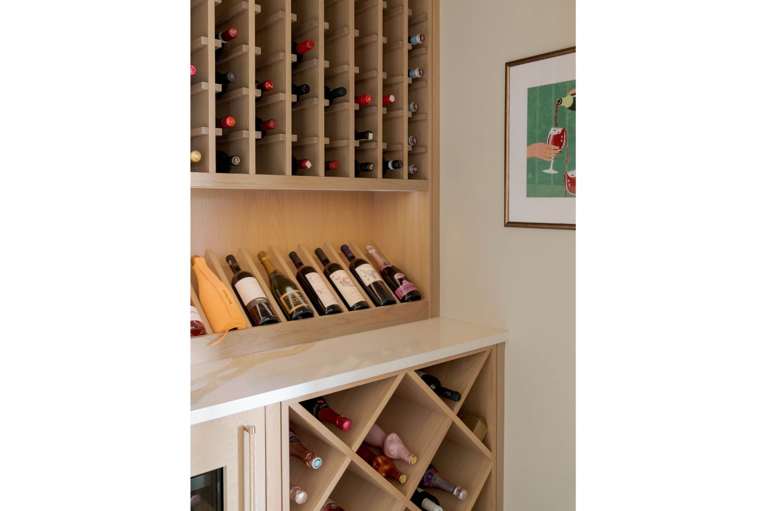 Luxury wine room with angled bottle storage for displaying bottl
